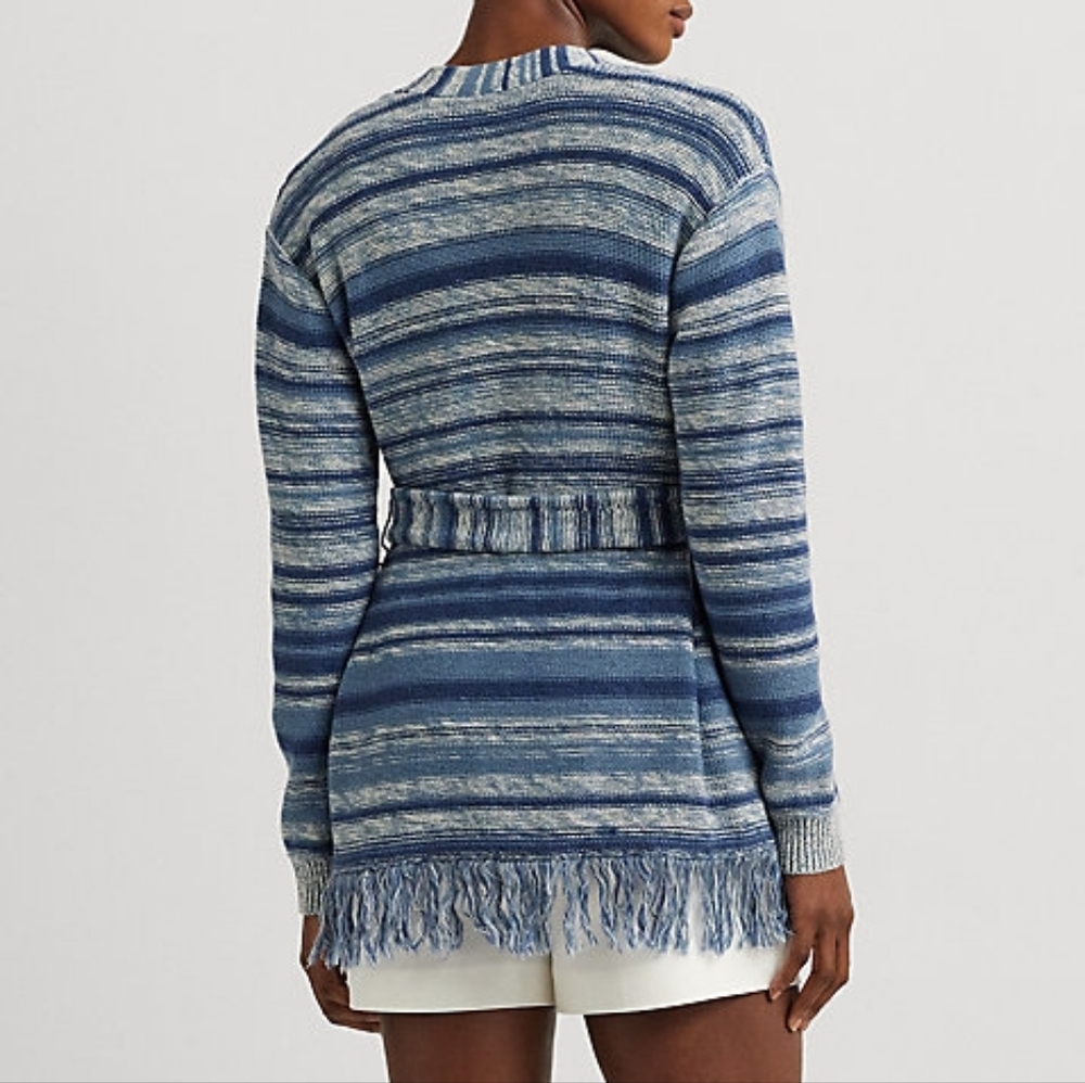 Lauren Ralph Lauren Striped Belted Linen-Cotton Knit Cardigan Blue White XL NWT - Picture 2 of 12